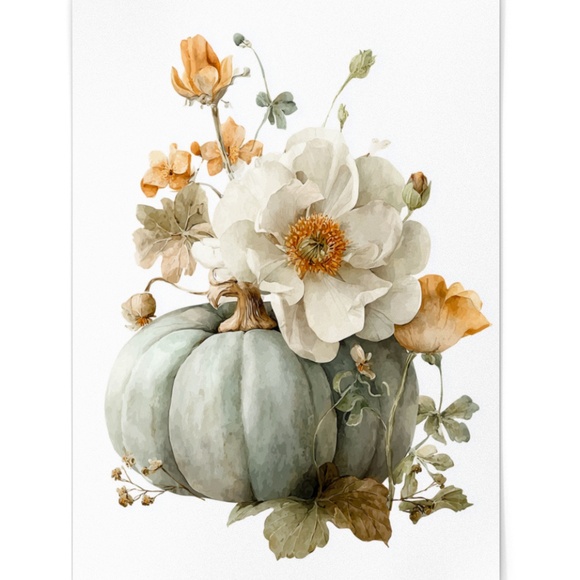 Watercolor Pumpkin with Flowers Wall Art Print Unframed - Cozy Autumn Elegance - Picture 3 of 7